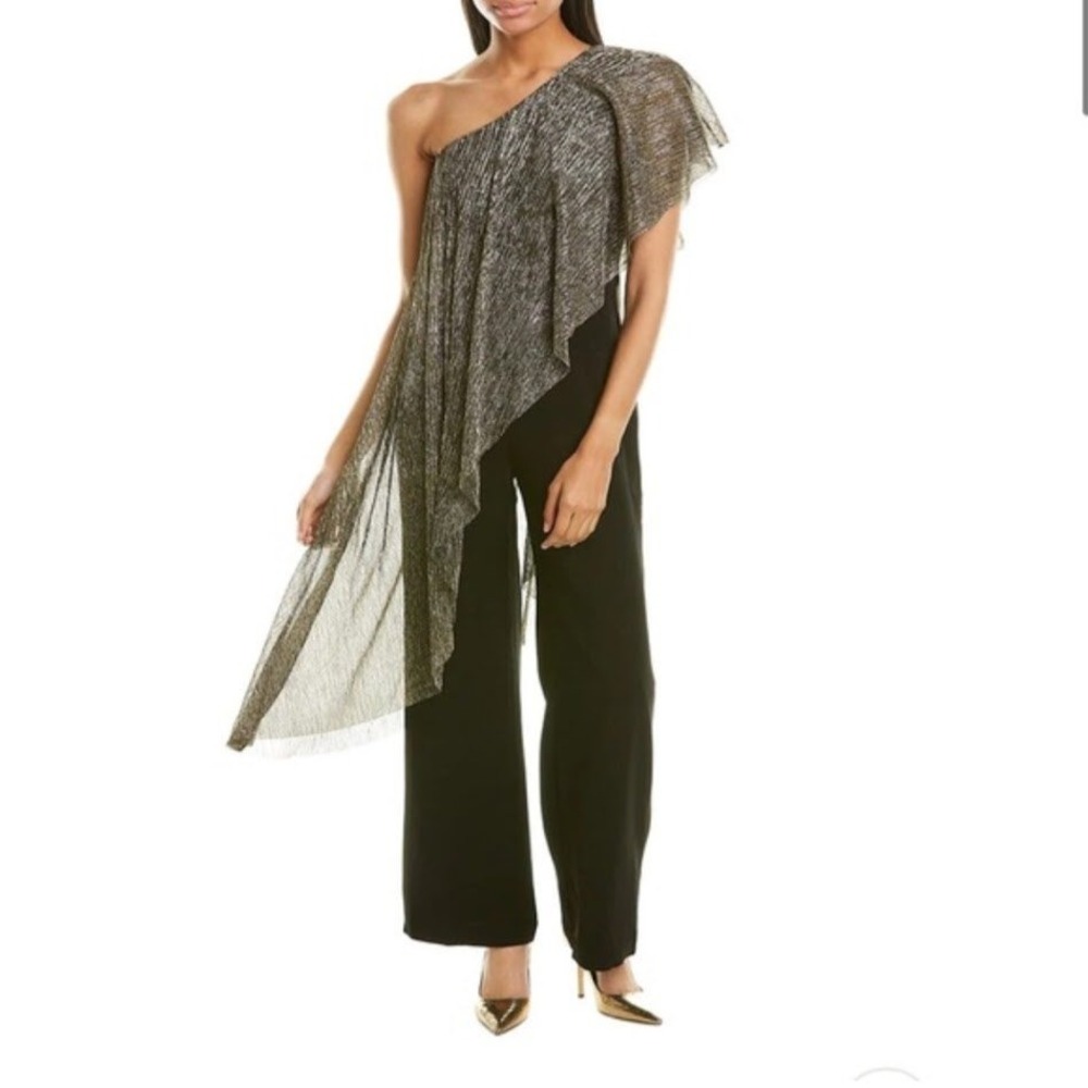 Trina Turk Koi Jumpsuit 6 Black Gold Metallic Asymmetric One Shoulder Cape NWT